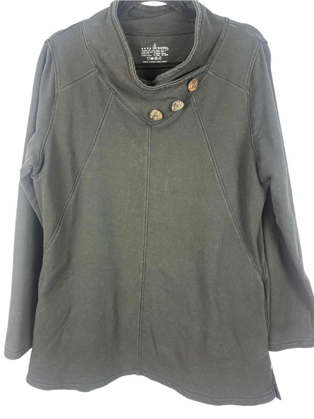 Neon Buddha Cotton Blend Black Funnel Neck Asymmetrical Buttons Medium Tunic Top